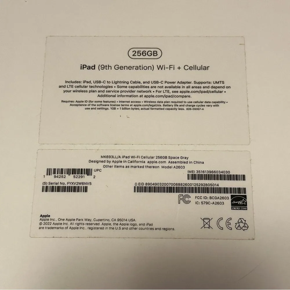 Ipad 9th‎ Generation Apple Silver Tablet EMPTY BOX only for Storage